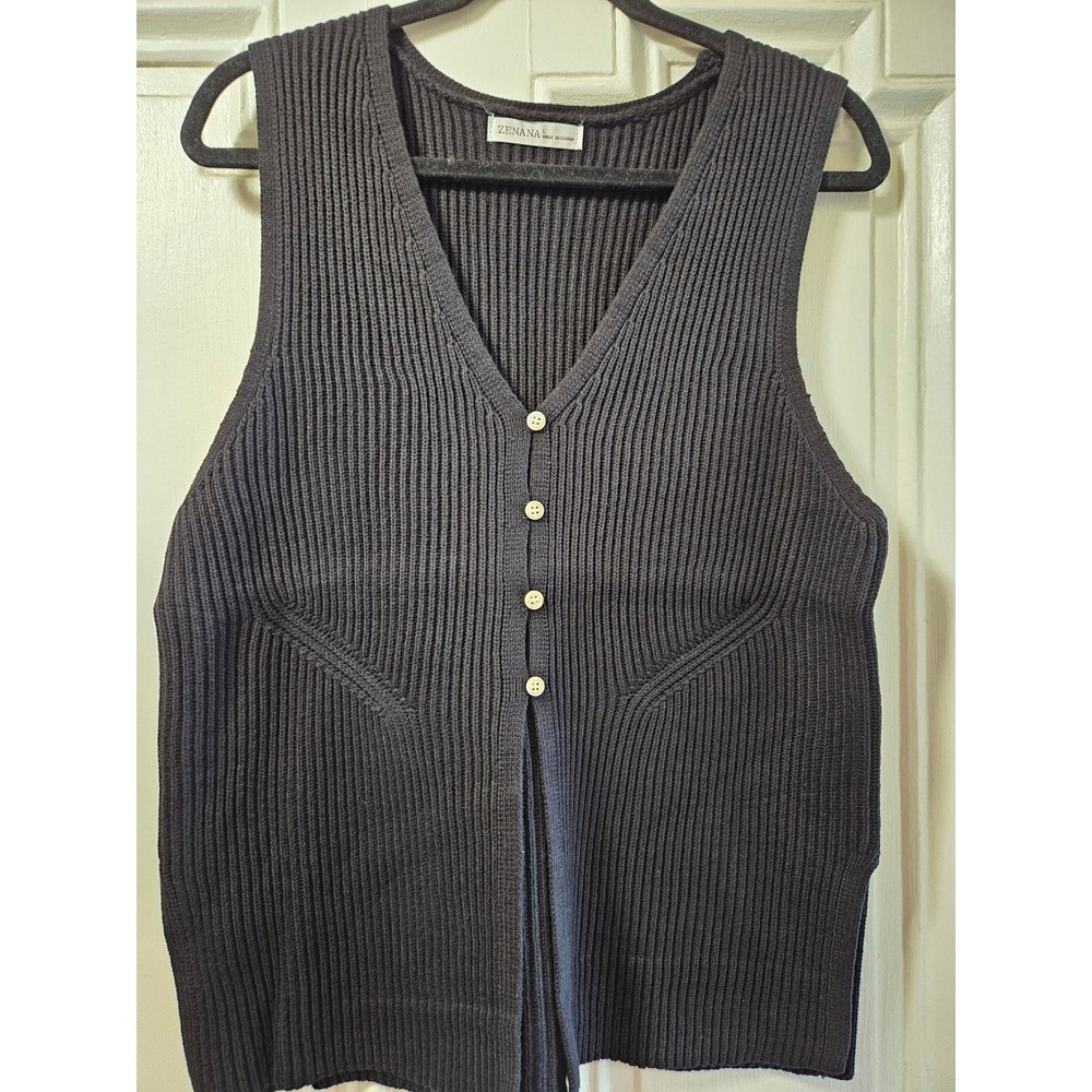 Zenana Women Black Ribbed Knit Button Front V-Neck Sweater Vest Cardigan Large